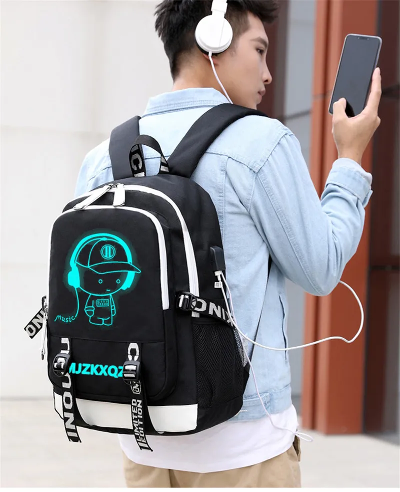 

Fashion Music Luminous USB Charging Headphone Jack Backpack School Bags Laptop Backpack Schoolbag Anime Backpack back pack