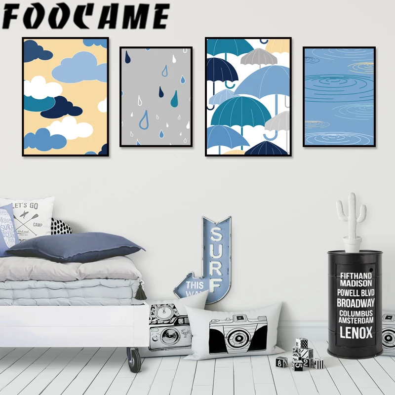 Голубое облако дождь зонтик мультфильм плакаты и принты Художественная Картина