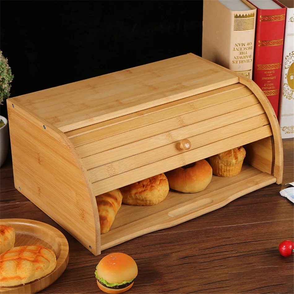

40X27X17CM Natural Bamboo Bread Holder Food Storage Container Kitchen Roll Top Bread Storage Box Kitchens Supplies