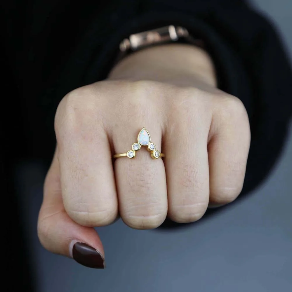 

Wholesale gold filled V shape finger rings with white opal crystal pave tiny band ring jewelry for women lady engagement jewelry