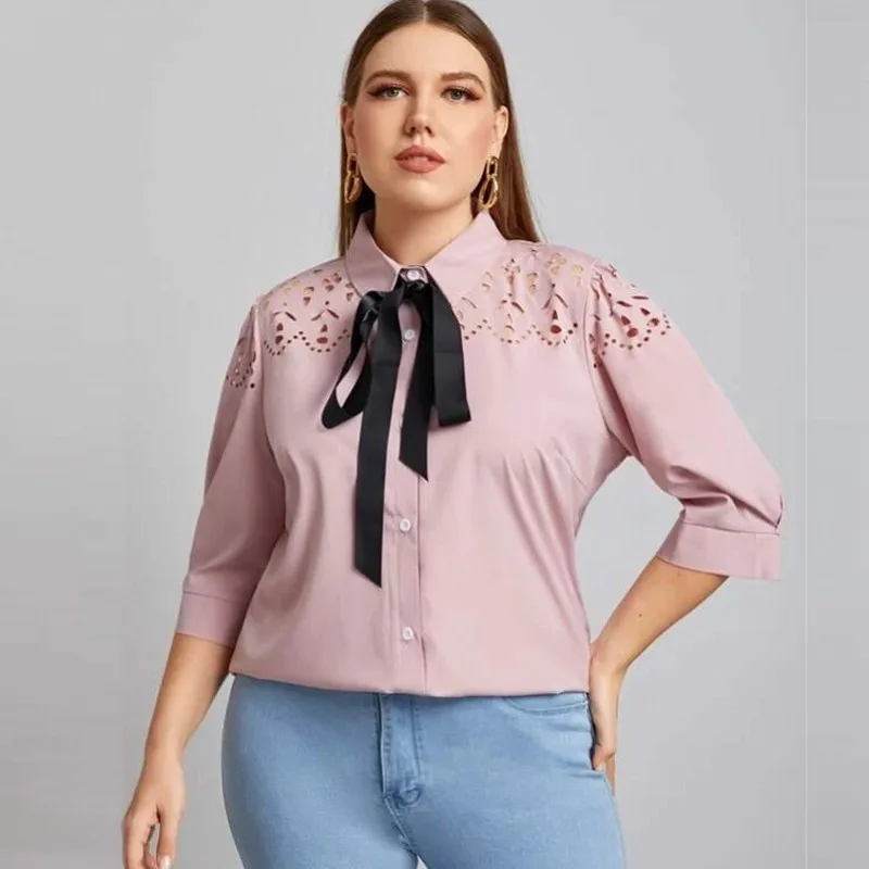 

Plus Size Tops Women's Tunic 3XL 4XL Turn Down Collar Loose Blouses Fashion New Solid Hollow Out Sexy Office Lady Shirts Blusas