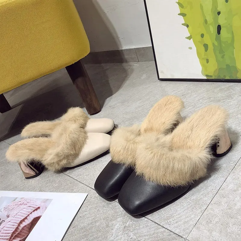 

Square Head Hairy Baotou Slippers Female Autumn and Winter High-Heeled Muller Shoes Net Celebrity With Thick Heel Korean Fashion
