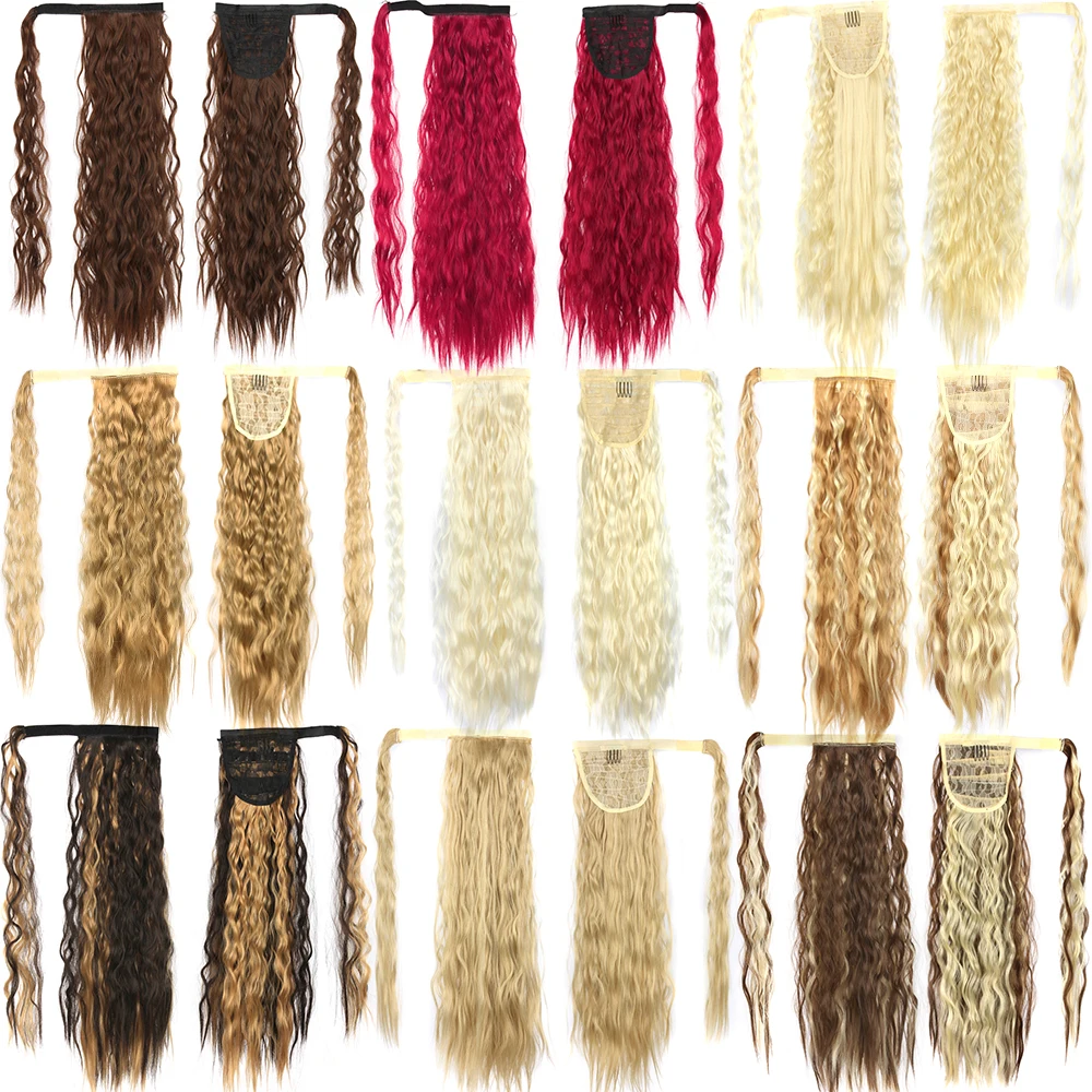 

LiangMo 22inches Corn Wavy Long Ponytail Synthetic Hairpiece Extension Wrap on Clip Hair Extensions Brown Black Hair Pony Tail