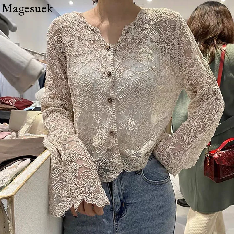 

Summer Lace Long Sleeve Blouse Retro Cotton Thread Crochet Hollow Shirt New Sexy V Neck Floral Solid Women Tops Blusas 14456