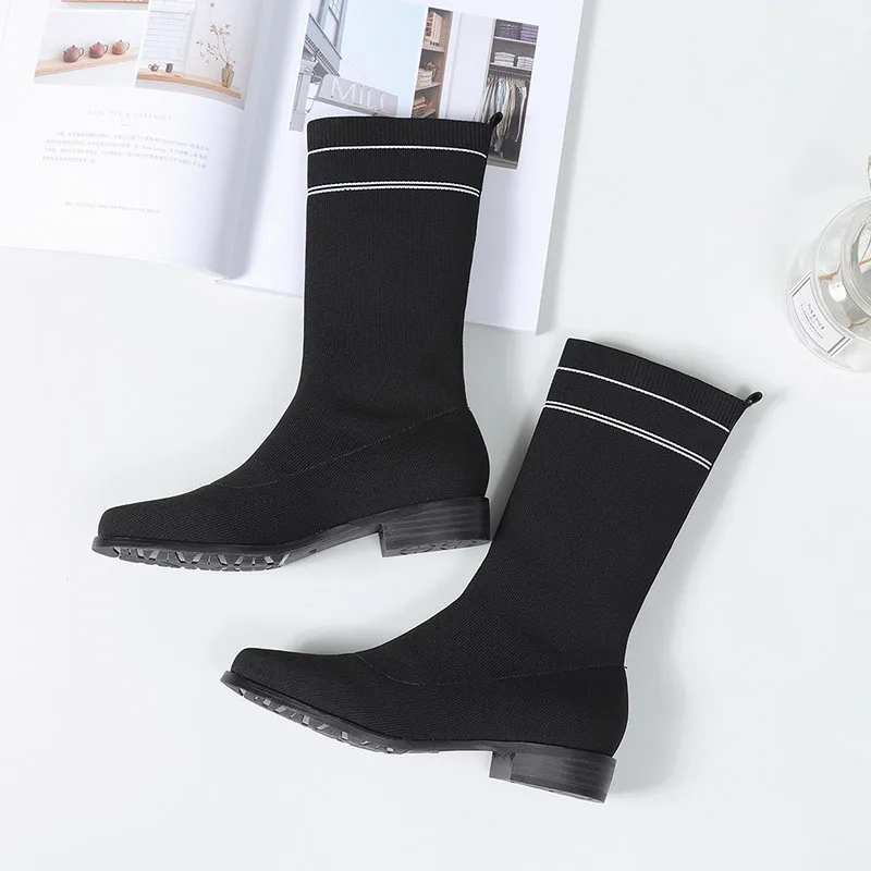 2019 г. эластичные ботильоны женская обувь эластичная ткань на квадратном каблуке