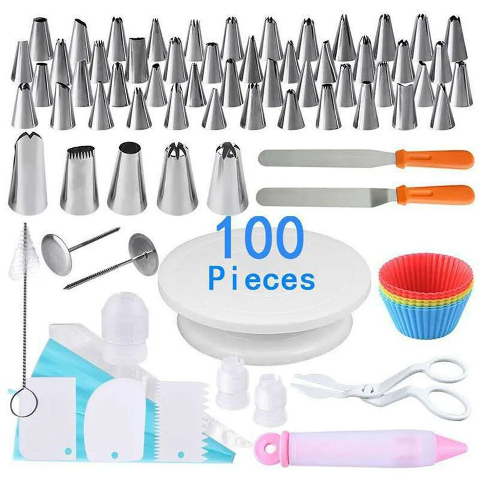 

100Pcs Cake Decorating Pen Turntable Tool Set DIY Icing Piping Bags Tips Nozzles Scraper Pastry Cupcake Baking Supply