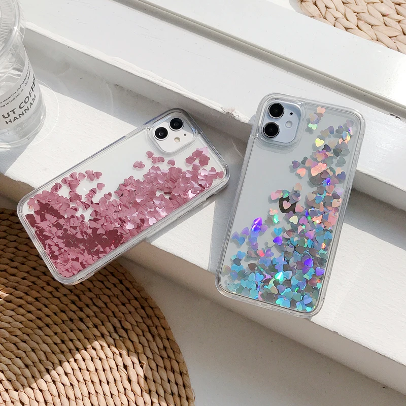 

Glitter Love Heart Sequins Quicksand Phone Case for iPhone 11 12 Pro Max Mini XS Max XR 7 8 6s Plus SE 2020 Dynamic Liquid Case
