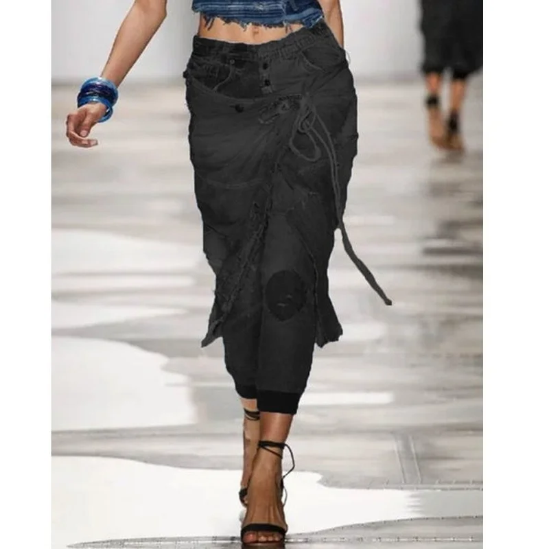 

Mandylandy Women's Fashion New Style Jeans Paneled Denim Casual Patchwork Crop Pants