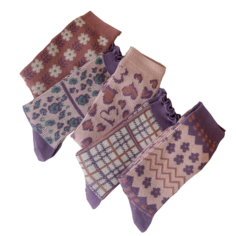 Носки женские с цветочным принтом и оборками, 5 пар от AliExpress WW