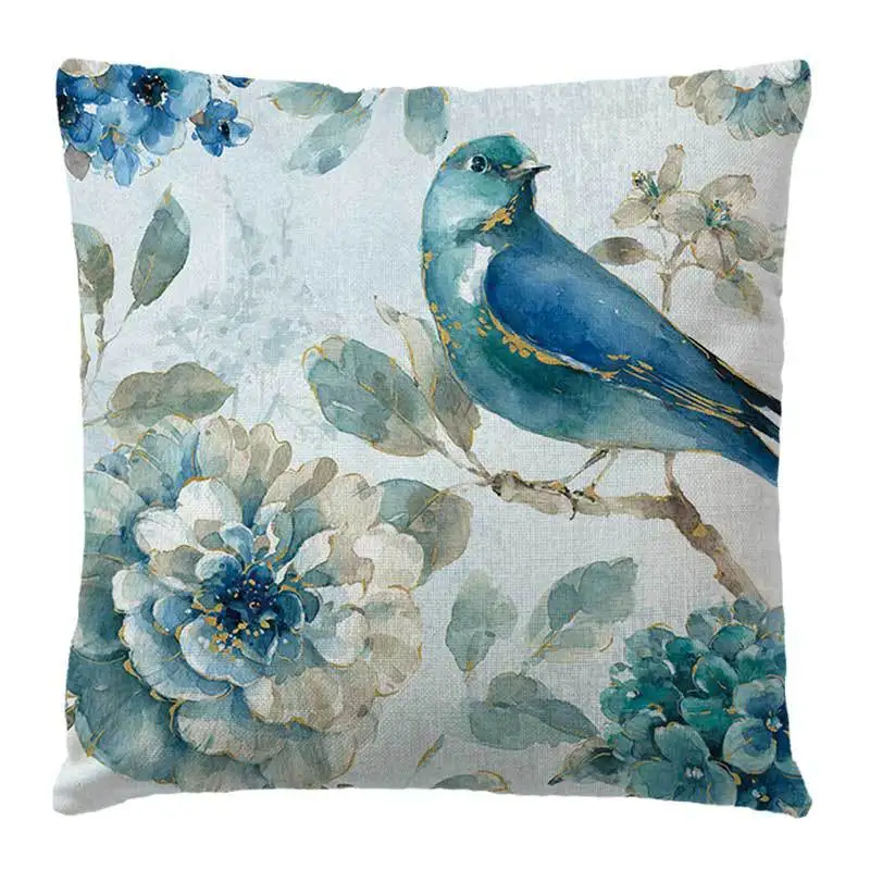 Artistic Oil Painting Design Cushion Cover Vintage Bird And Flower Floral Printed Blue Linen Pillowcase Sofa Throw Pillows Case | Дом и сад