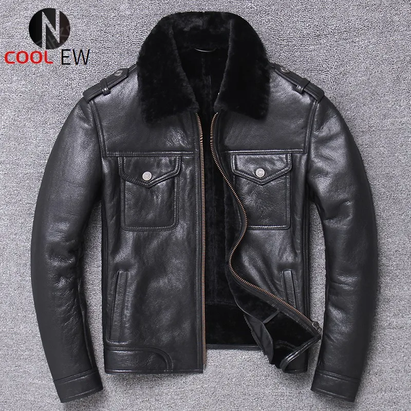 

Luxury Genuine Leather Lapel Fur Short Coat Men Brand Winter Sheepskin Moto Biker Jacket Business Casual Warm Outwear Plus Siz