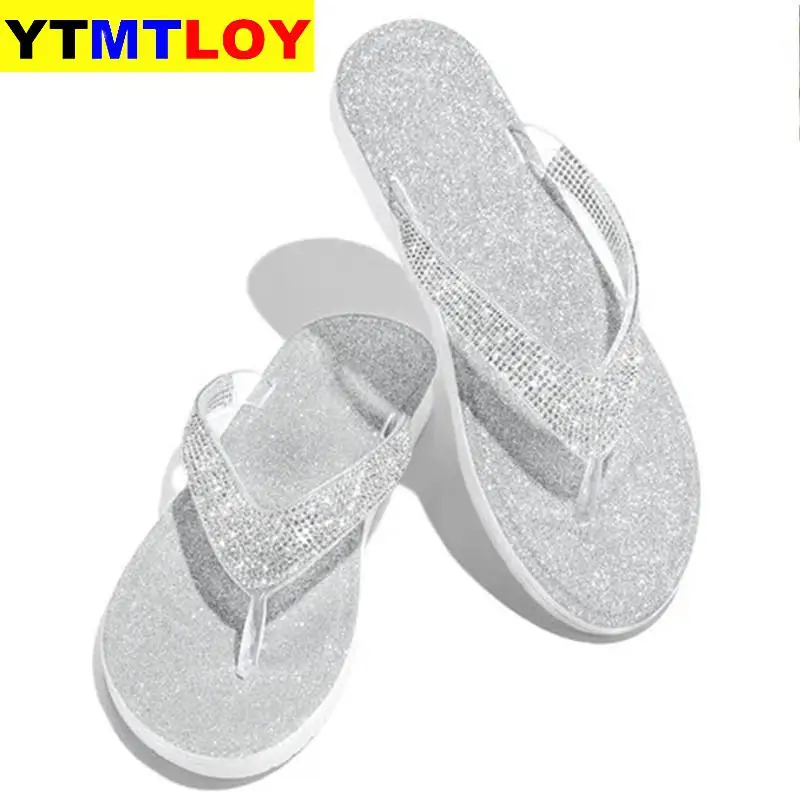 Plus Size Women Flip Flop Slippers Slides Bling Rhinestone Ladies Shoes Casual Summer Flat Female Crystal Glitter Woman | Обувь