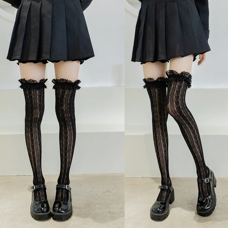 

Black And White Lace Lolita High Tube Thigh Knee Socks Female Cute Long Tube Love Lace Japanese College Style Ultra-thin Sexy