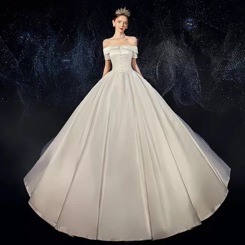 

Wedding Dress Vintage Boat Neck Pearls Pleat Off The Shoulder Backless Train Luxury White Fashion Elegant Lady Bridal Gown GB458