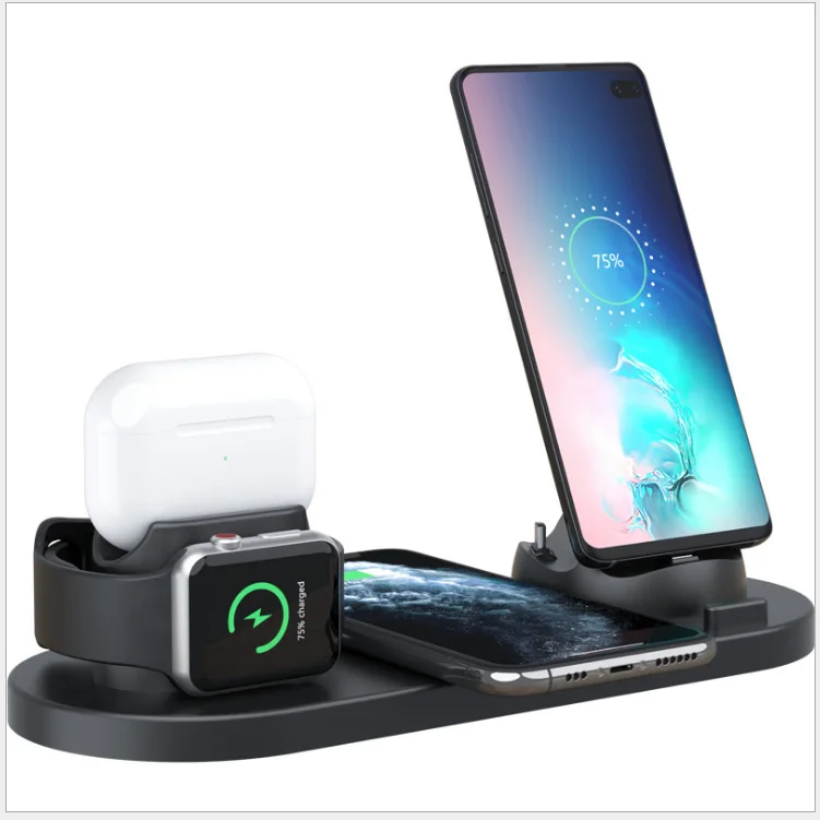 

6in1 10W Fast Wireless Charging Dock Station Black For Watch Earphone Phone Quick Wireless Charging Pad For Samsung S10 S9 Note9