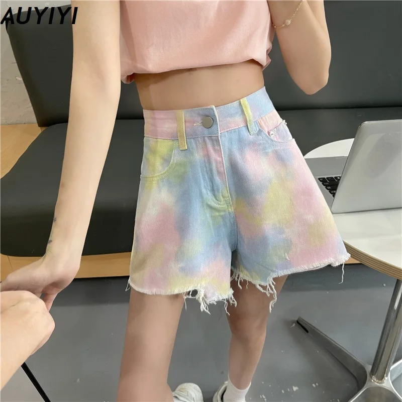 

AUYIYI Women's 2021 Summer New Fashion Harajuku Casual Loose Hole Thinning Large Wide Leg A-line Hot High Waist Denim Shorts