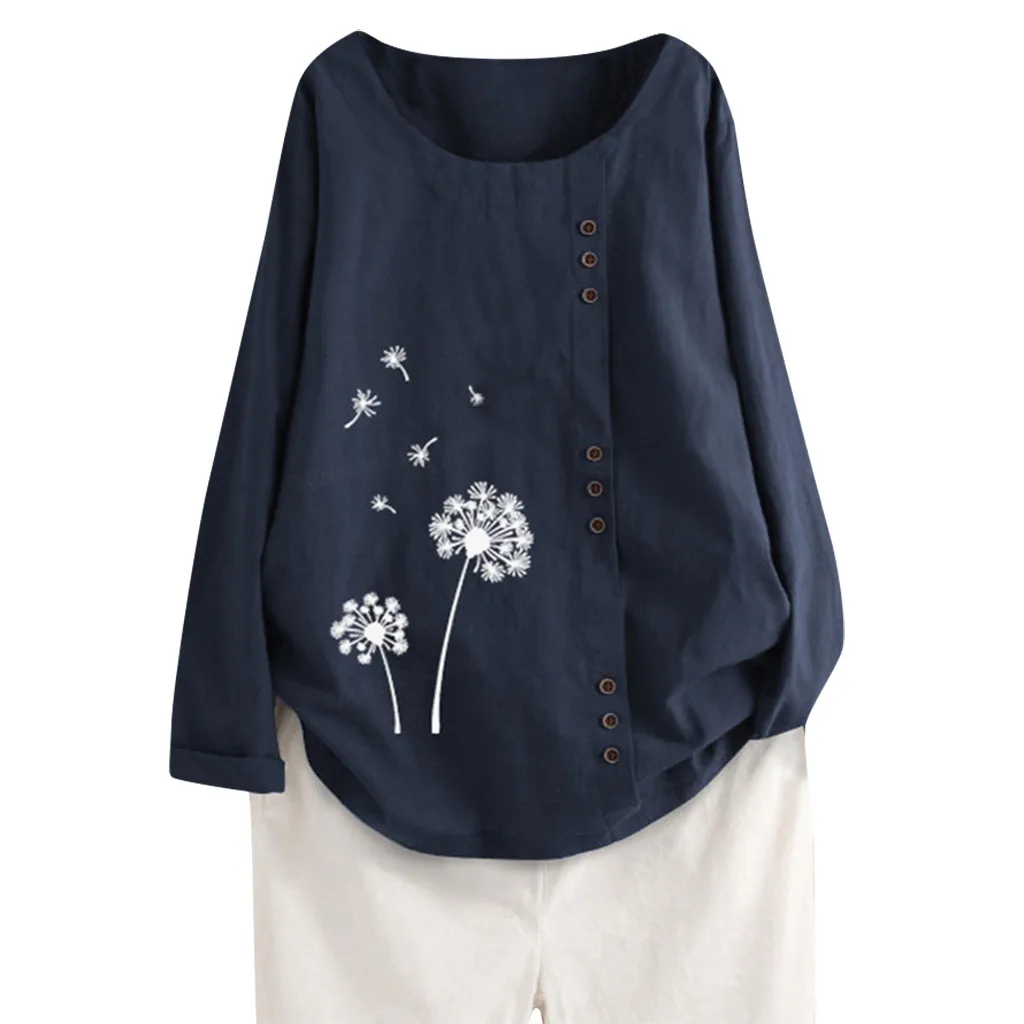 Женская свободная льняная рубашка на пуговицах женская блузка с рисунком в стиле