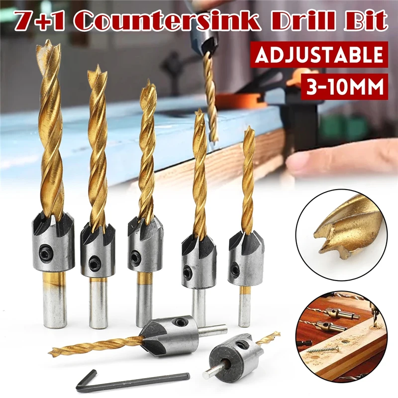 

7/8Pcs 3-10mm Countersink Drill Bit Set Three Point Drill Set Carpentry Boring Tool Woodworking Tool With Hexagon L-Wrench