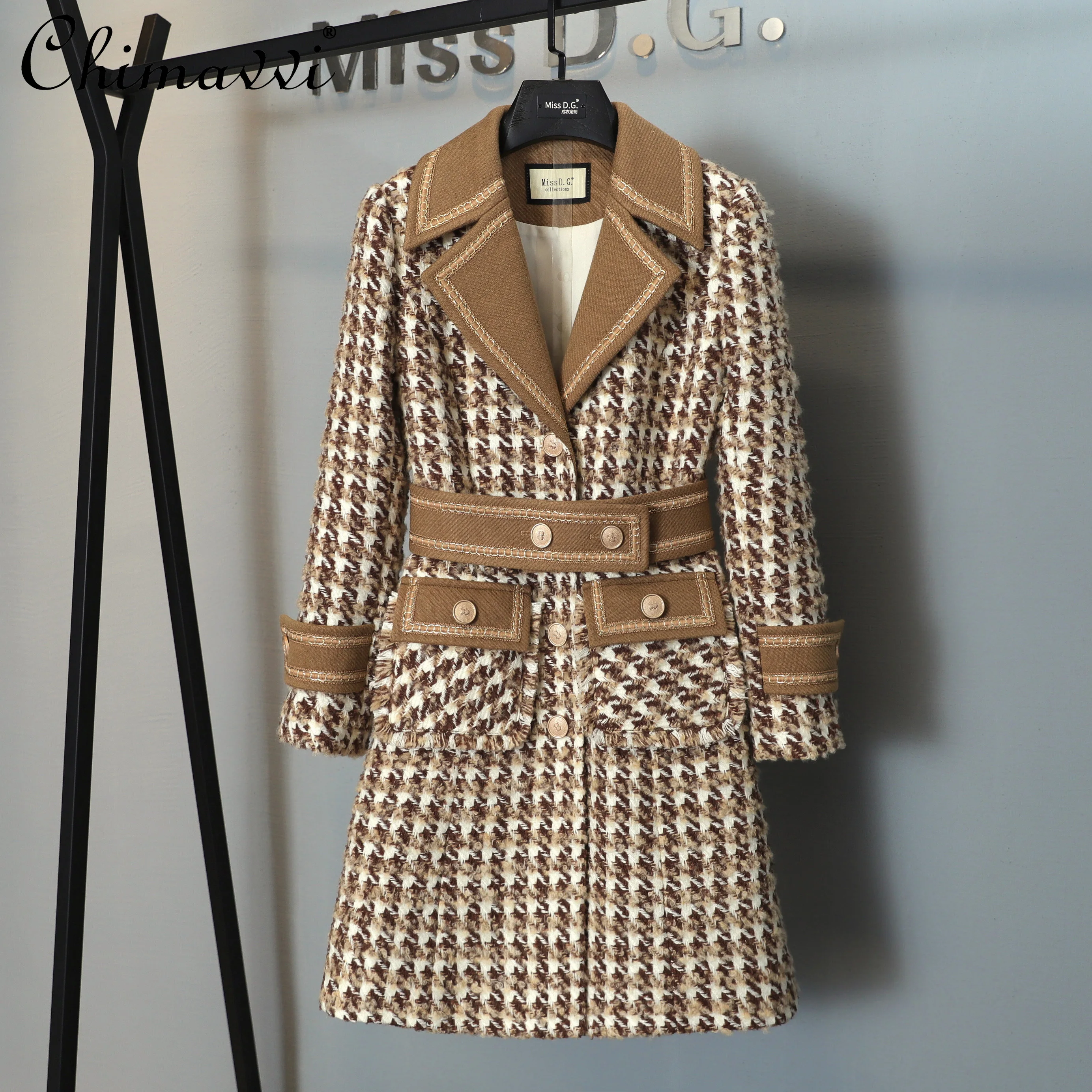 

Новинка зимы 2021, Женская двубортная шерстяная куртка средней длины в британском стиле, женская модная офисная приталенная куртка из смешан...