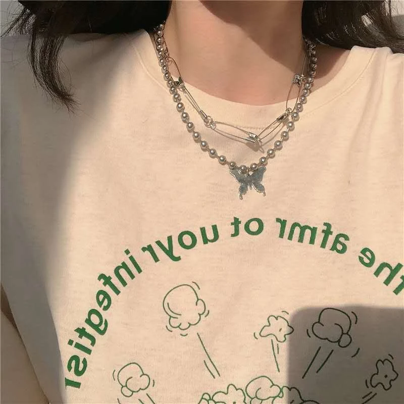 

Women's Butterfly Pendant Necklace Bohemian Layered Chain 2021 Punk Summer Silver Color Neck Clavicle Chains Jewelry Girls Gifts