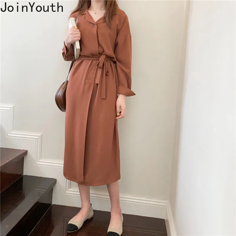 JoinYouth винтажное однотонное осеннее женское платье с v образным вырезом и длинным