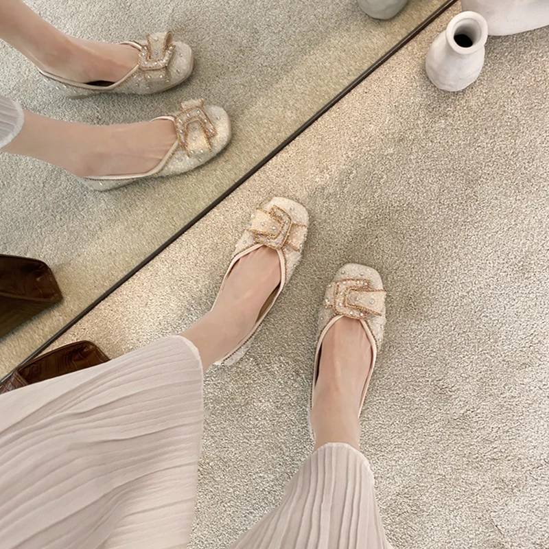 

DLEK Women Comfortable Crystal Low Heels Beige Spring Flats Ladies Fashion Party Summer Square Toe Handmade Slip-on Shoes