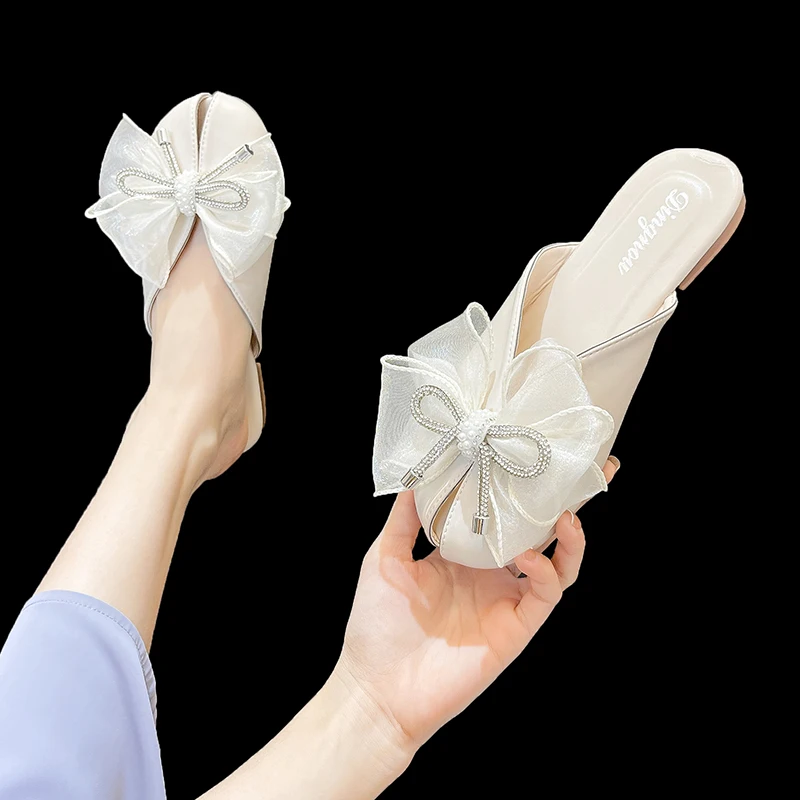 

Flat Shoes Female Womens Slippers Outdoor Butterfly-Knot Peep Toe Luxury Slides Pantofle Low Designer 2021 Cover Fashion PU Rubb