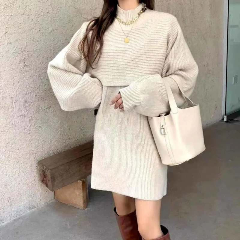 

Elegant Party Dress Women Two Pieces Fleece Dress Sets Winter Outfits Knitted Pullover Tank Dress Sets Winter Thick Dress Set