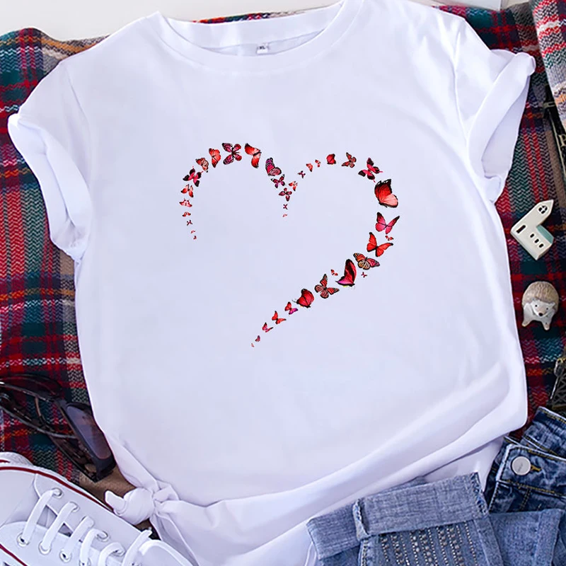 

Женские летние хлопковые футболки с принтом бабочек и сердец, повседневный топ с круглым вырезом и коротким рукавом, футболка, Женская бела...