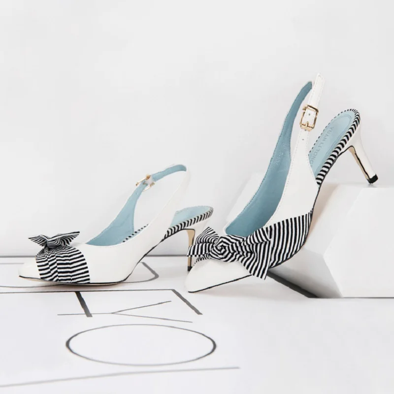 Женские сандалии в полоску с острым носком и бантом на шпильке туфли для банкета