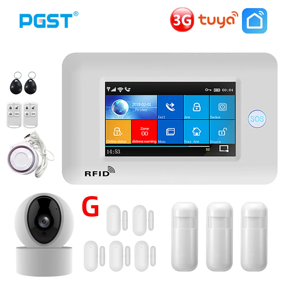 PGST PG106 3G WIFI Alarm System 433MHz Smart Home with Motion Sensor Wireless Camera Burglar Alarm System Tuya Smart life