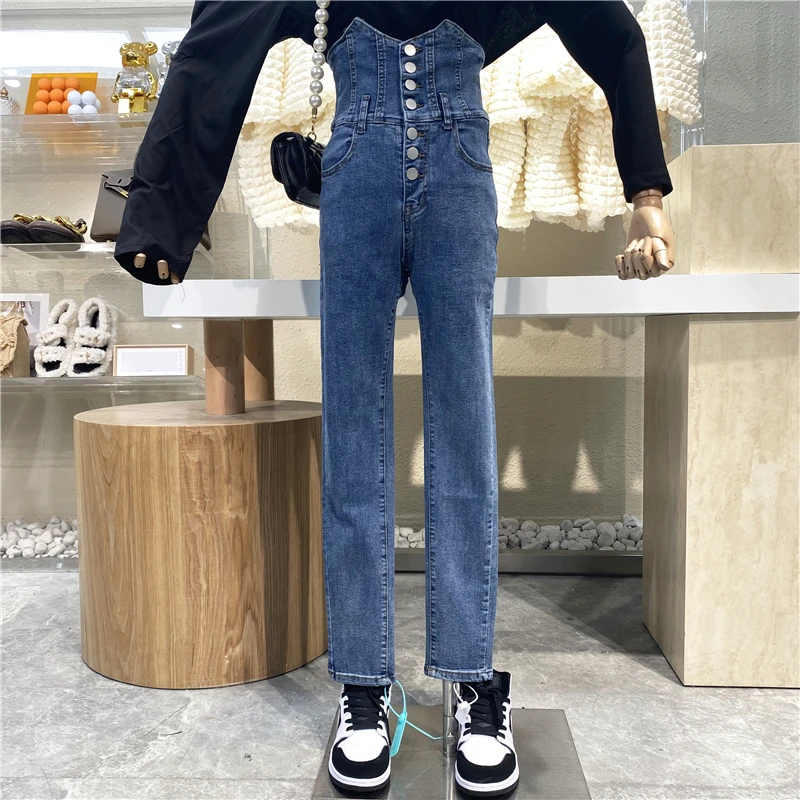 

New Brand Original Design Single Row Multi Button Irregular High Waist Jeans Slim Fit And Versatile Washed Straight Leg Pants