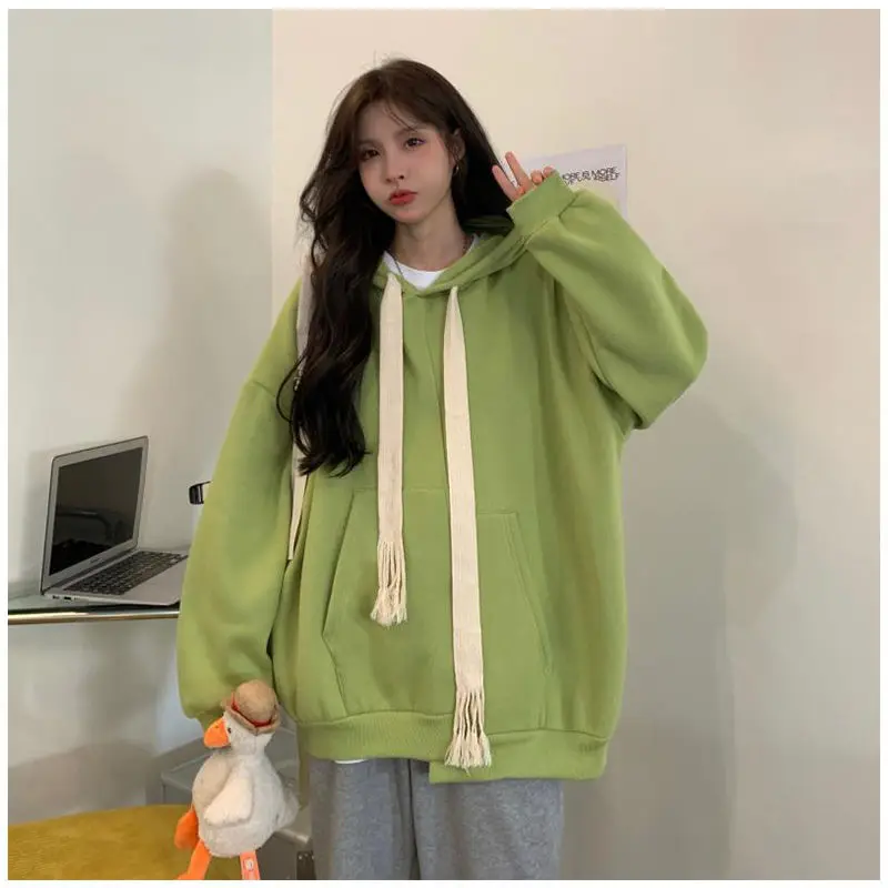 Plush Thick Thick Hooded Sweater Autumn and Winter New Leisure Long-sleeved Solid Color Loose Drawstring Sweater