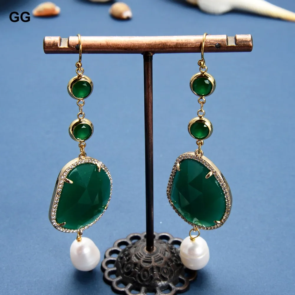 

GuaiGuai Jewelry Natural White Keshi Pearl Green Crystal CZ Chain Long Necklace CZ Pave Hook Earrings Sets Cute For Women