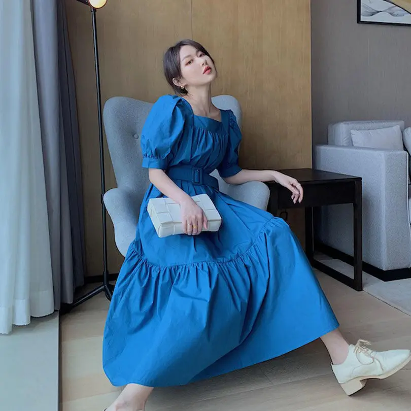 

Women Summer Vintage Square Collar Puff Sleeve Party Dress Vintage Ladies Elegant Casual Long Dress With Belt Vestidos