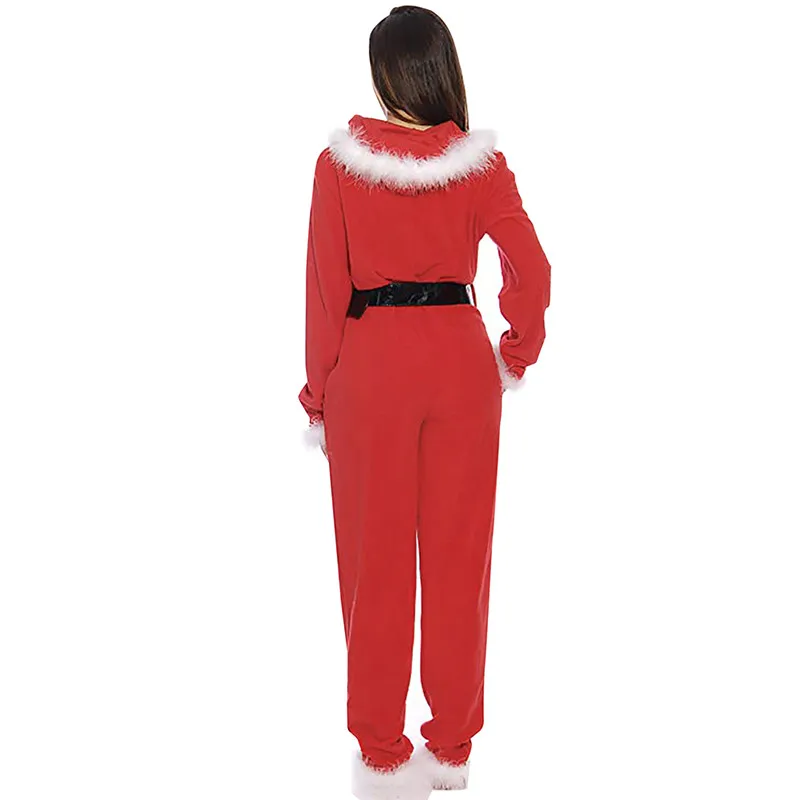 Men Women Christmas Plush Jumpsuit Santa Pajamas with Belt Adult Santa Claus Winter Warm Velvet Hooded Romper Xmas Pajamas