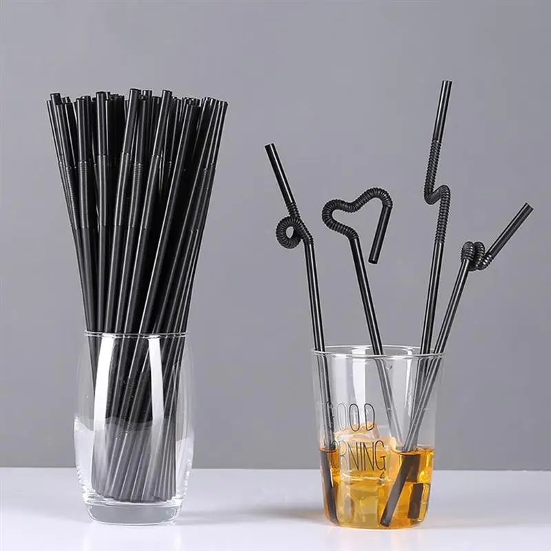 

100pcs Cocktail Straws Black Plastic Flexible Bendable Straw for Birthday Wedding Decorative Party Event Supplies