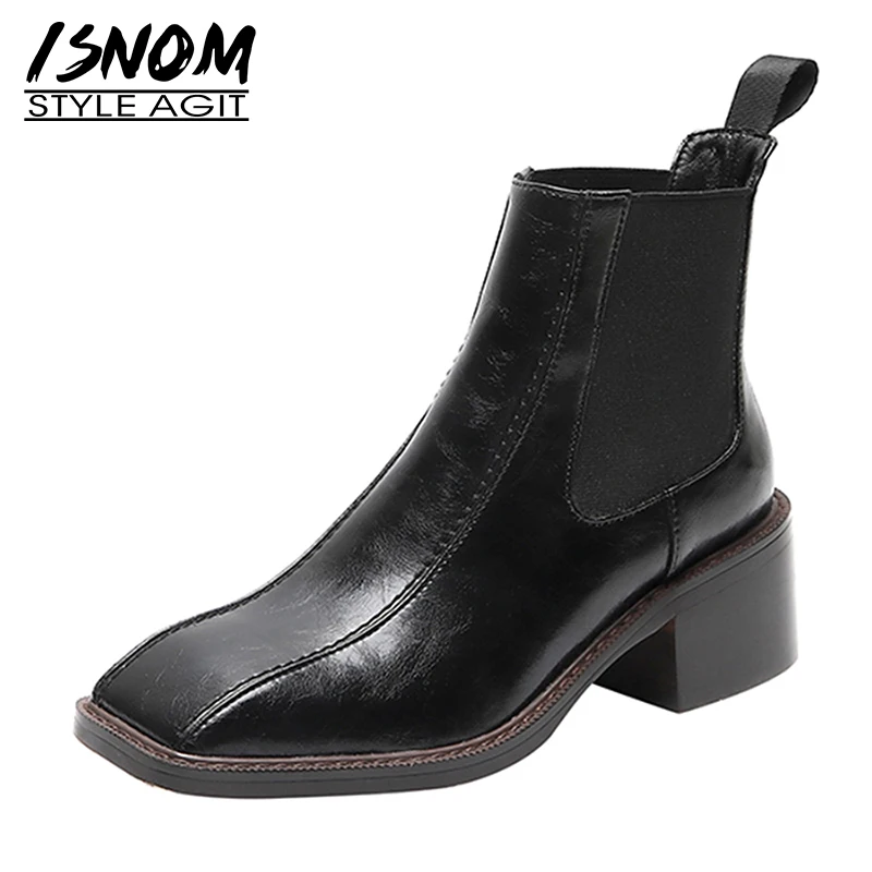 

ISNOM New Women Ankle Boots Leather Square Toe Chelsea Boot Square Med Heels Elastic Band Woman Booties Autumn Winter Shoes Lady