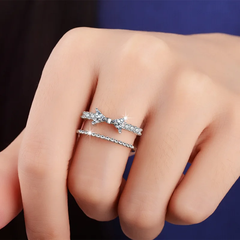 

925 Sterling Silver Crystal Bowknot Shape Rings For Women Wedding Birthday Finger Ring Jewelry jz436
