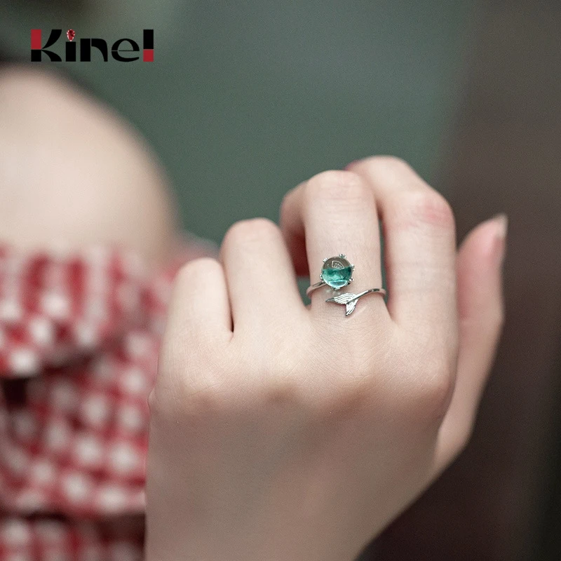 

Kinel 925 Silver Sterling Hand Blue Ocean Stone Foam Open Size Adjustable Female Style Simple Fashion Fishtail Ring Accessories