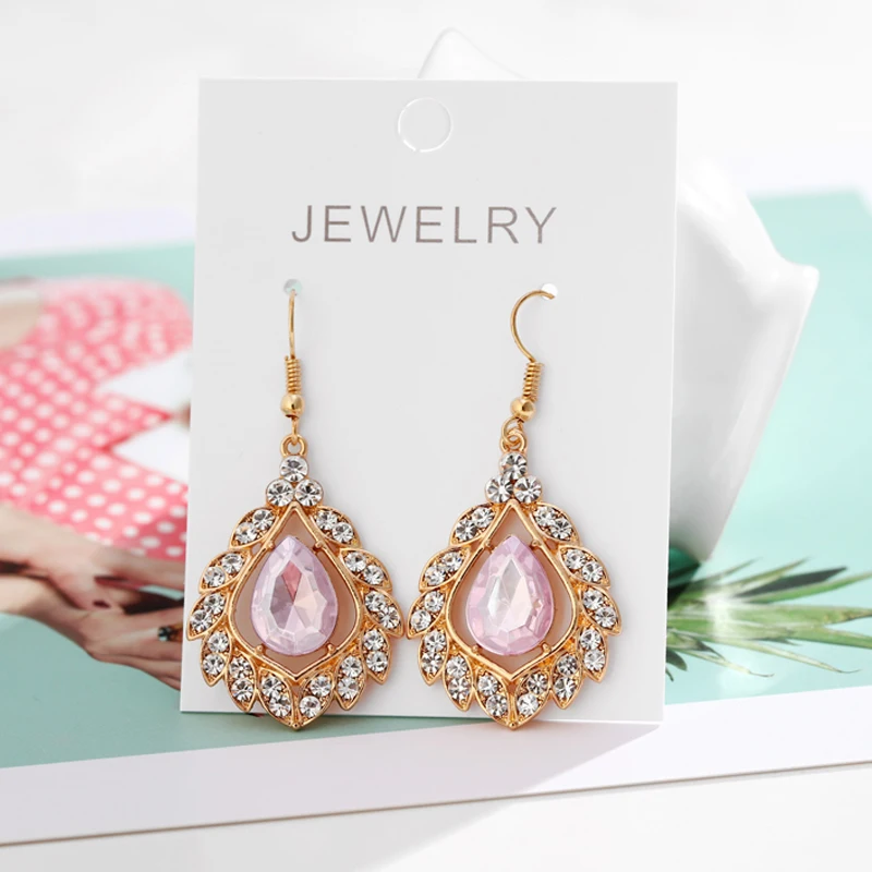 Серьги-люстры с розовыми кристаллами золотой цвет геометрический кулон длинные