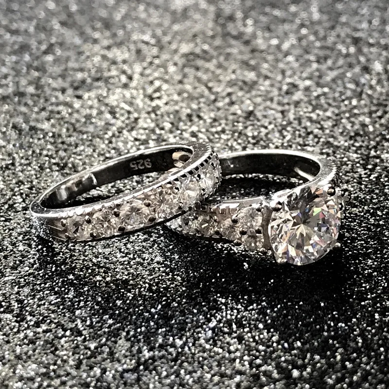 

Trendy Female White Crystal Stone Ring Set Classic Silver Color Engagement Rings For Women Luxury Bride Round Wedding Ring