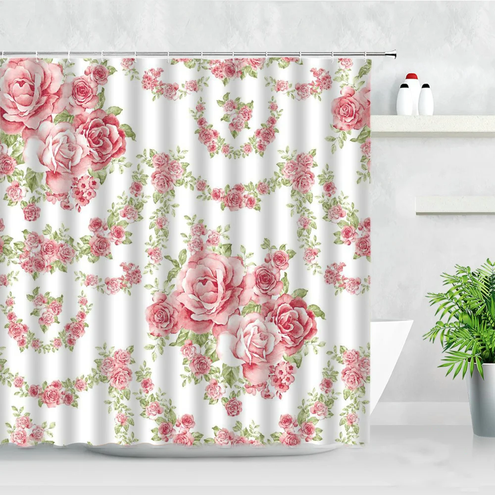

Waterproof Shower Curtains Bathroom Screens Pink Rose Flowers Floral Plant Scenery Modern Wall Decor Cloth Hanging Curtain Sets