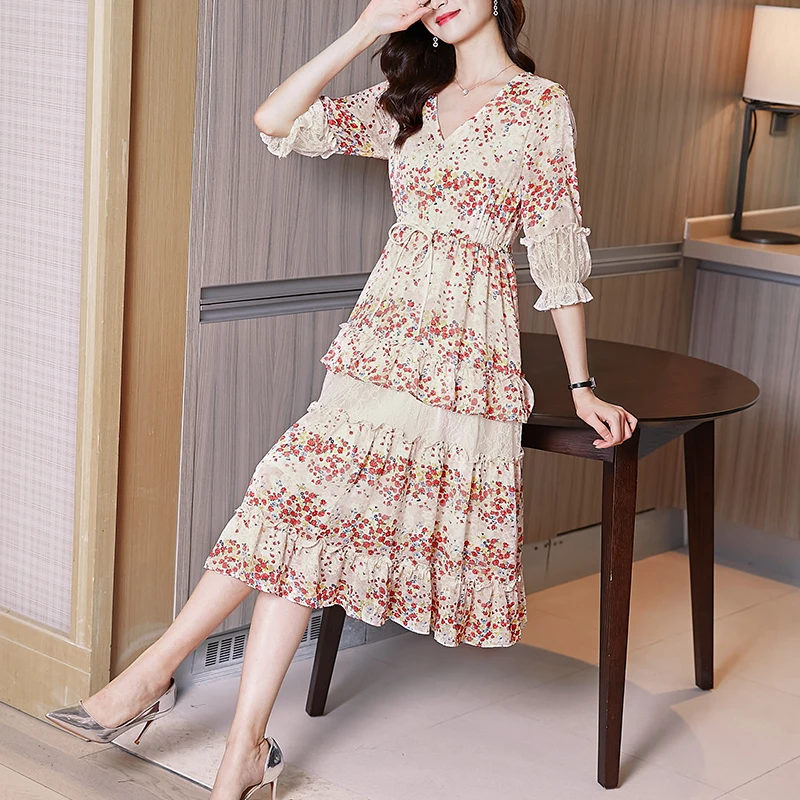 

Long Dress Women Spring Summer 2021 New Casual Fashion French Style Ruffles Floral Print Chiffon Patchwork Dresses Traf Vestidos