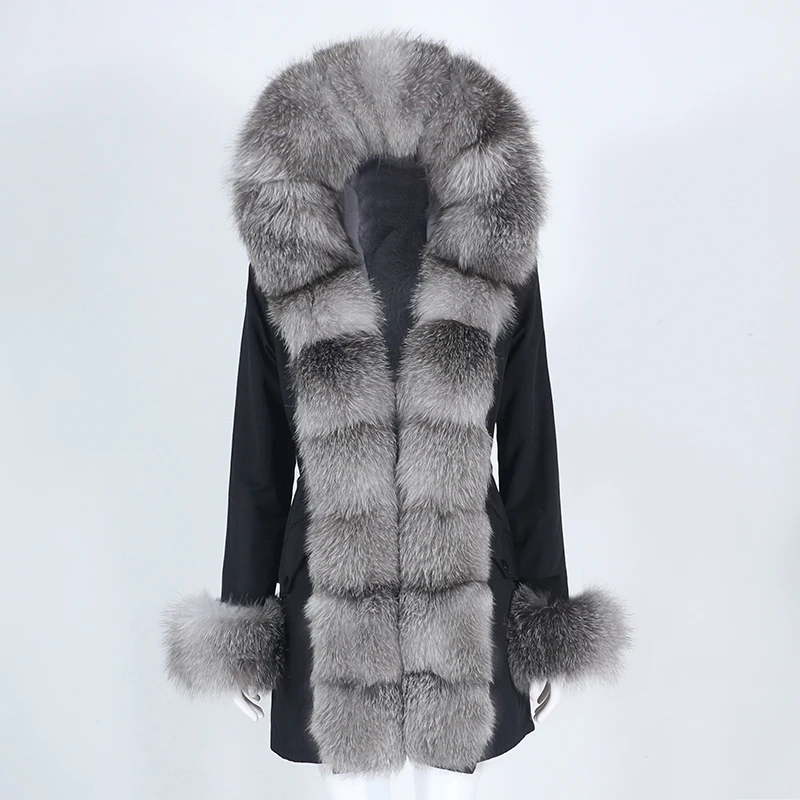 

2021 New Fashion Waterproof Real Fur Coat Winter Jacket Women Natural Fox Fur Collar Hooded Long Parka Warm Outerwear Streetwear