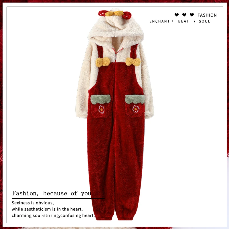 Women Sleepwear Coral Fleece Winter Pajamas Hooded Nonopnd Inspissate Cartoon Pullover Plus Size Nightgown Loose Version