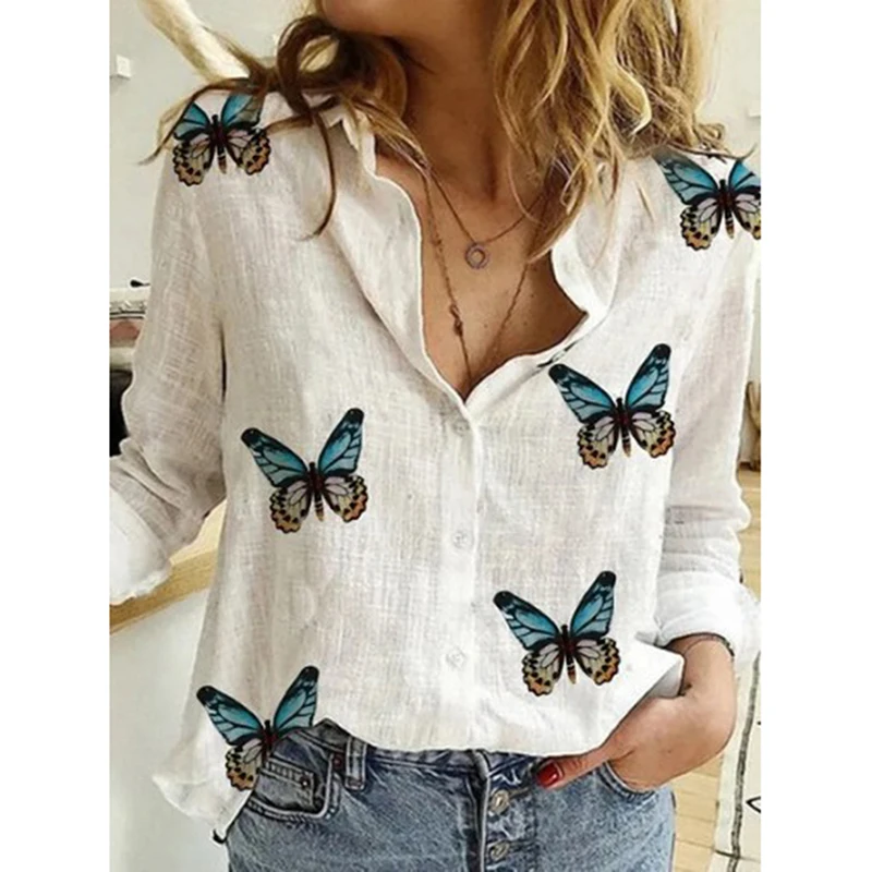 

Women Cartoon Butterfly Blouse Long Sleeve Female Casual Buttons Shirt Vintage Printed Plus Size Loose Tops Shirt Women Shirts