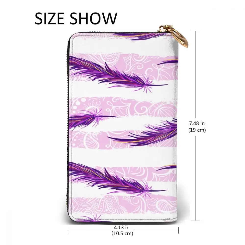 

2021 Fashion Long Leather Wallets Pink Purple Feather Unisex Classic Purse Zipper Wallet with Card Holder