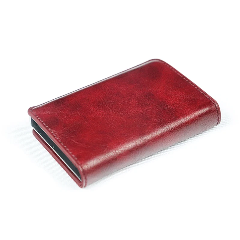 RFID Blocking Credit Card Holder Genuine Leather Men ID Card holder Mini Wallet Vintage Metal Automatic Anti-theft Card Wallet