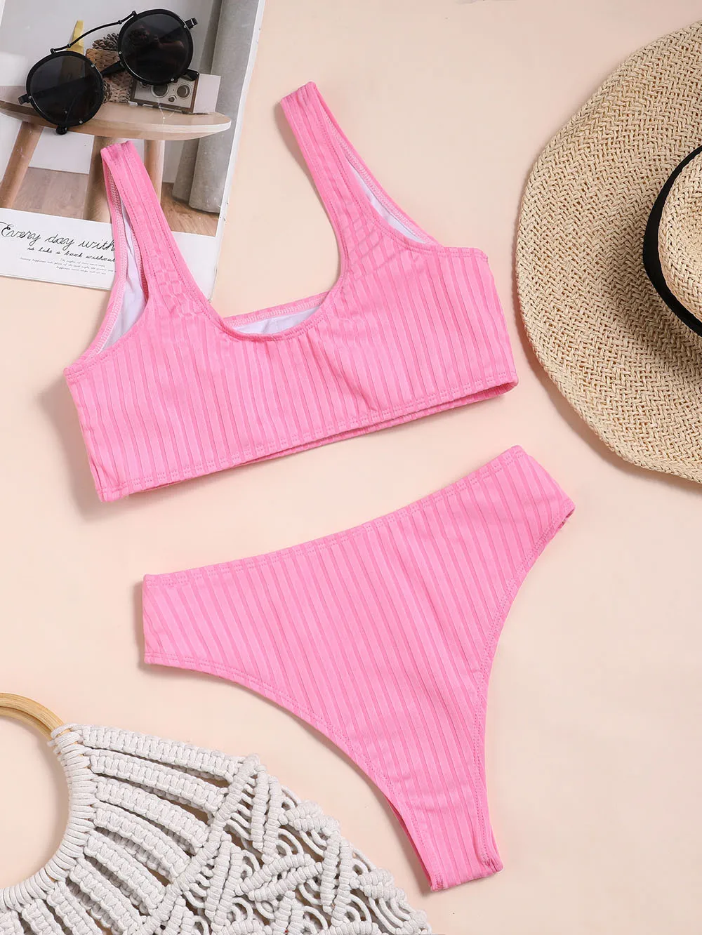 

Sport Striped Bikinis Sexy Swimsuits High Waist Swimwear Women Pink Biquini Ribbed Bathing Suits 2021 Summer Bandeau Beachwear